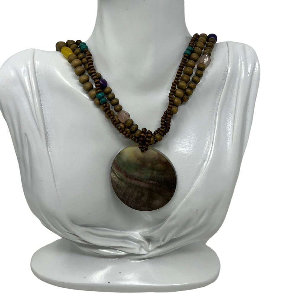 Three Strand Necklace Wood  and‎ Colored Beads Mother of Pearl Pendant